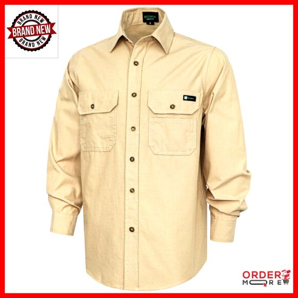 Men's Long Sleeve Button Down Work Shirt Relaxed Fit Cotton Chambray Utility